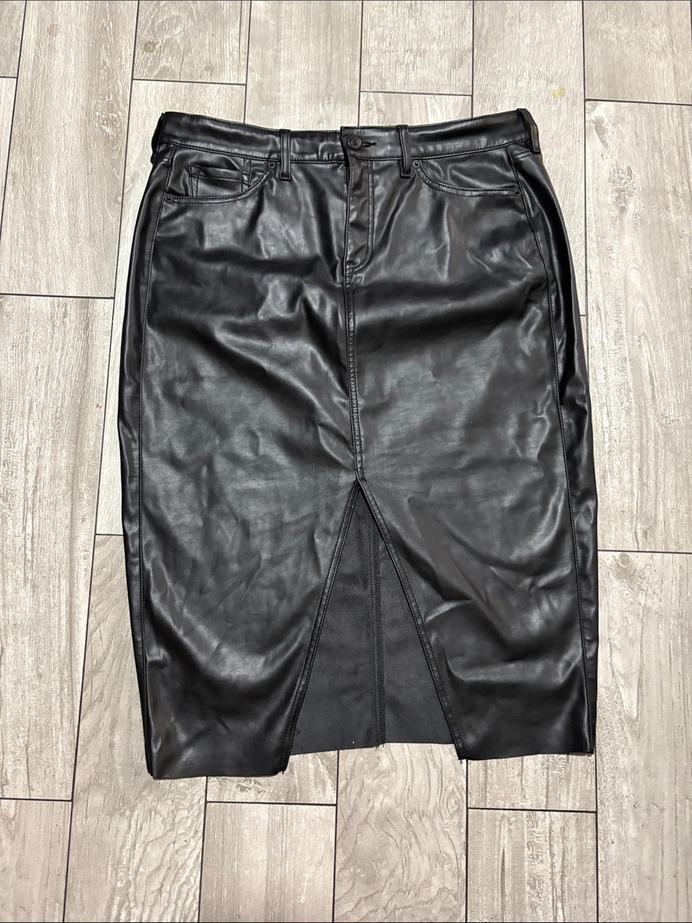 Black Faux Leather Pencil Skirt with Front Slit
